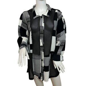 Damee Tunic Top XL Black White Checkered Mesh Inserts Collar Long Sleeve Button
